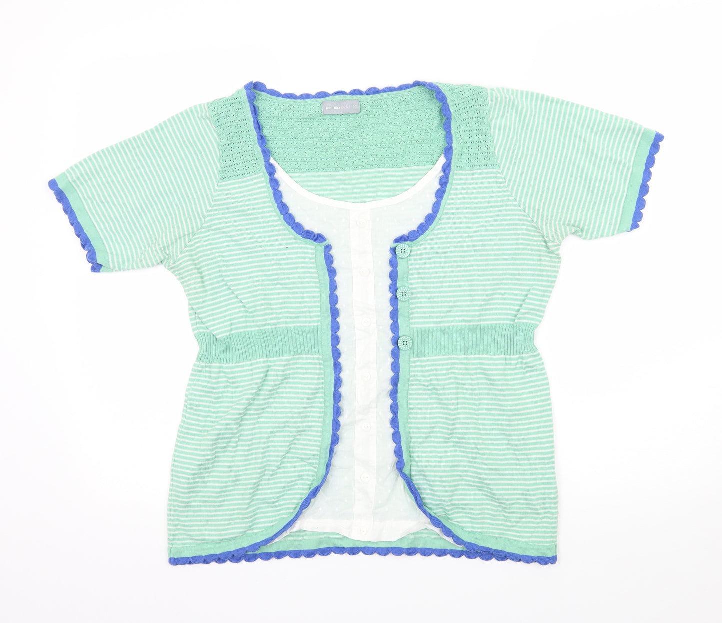 Per Una Womens Green Striped Knit Basic Blouse Size 16