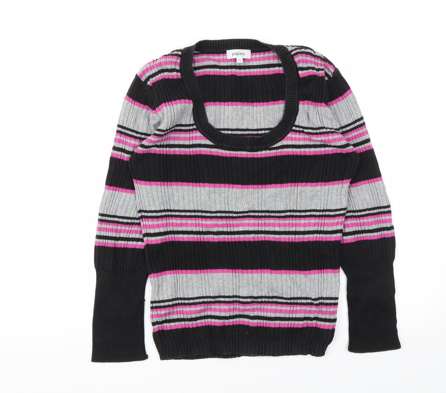 Papaya Womens Black Striped  Basic T-Shirt Size 12