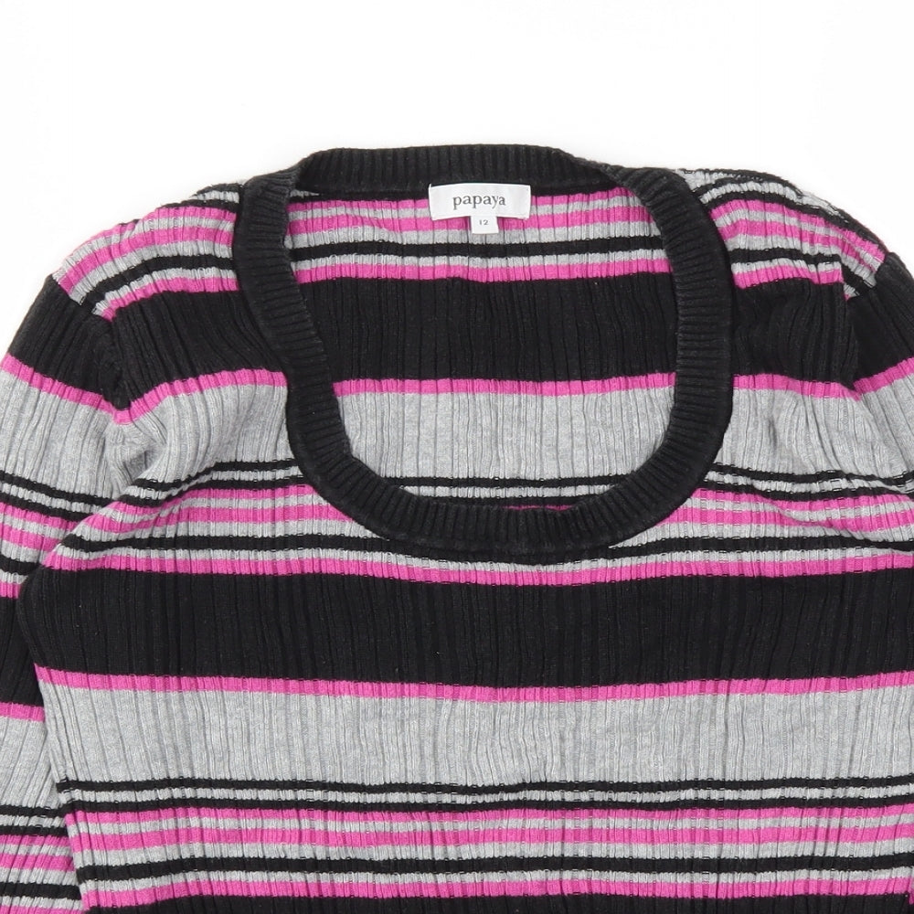 Papaya Womens Black Striped  Basic T-Shirt Size 12