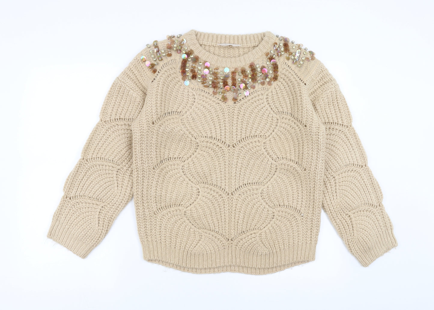 Sainsburys Womens Beige   Pullover Jumper Size 12  - beaded neck line