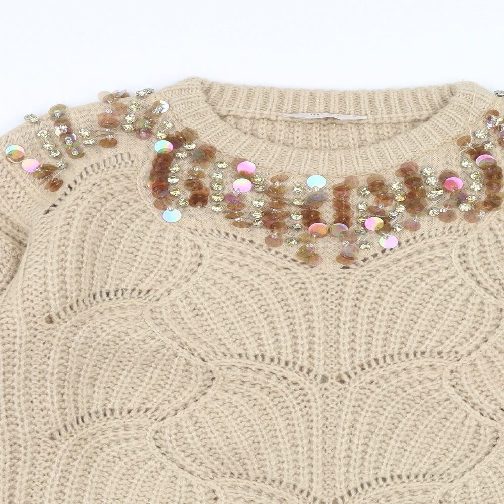 Sainsburys Womens Beige   Pullover Jumper Size 12  - beaded neck line