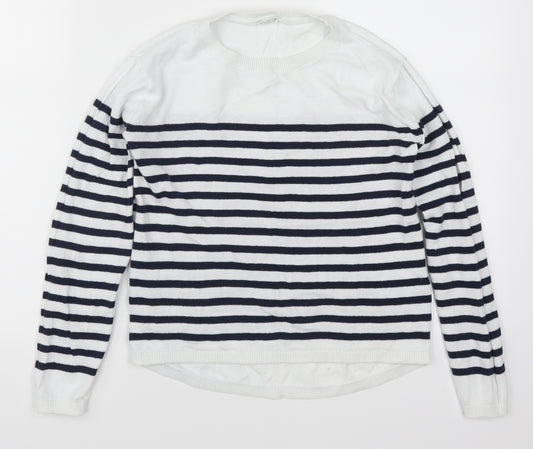 Front view of H&M girls’ white striped jumper, size 11-12, years - blue