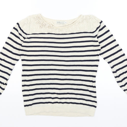 Earth Womens Ivory Striped  Basic T-Shirt Size S