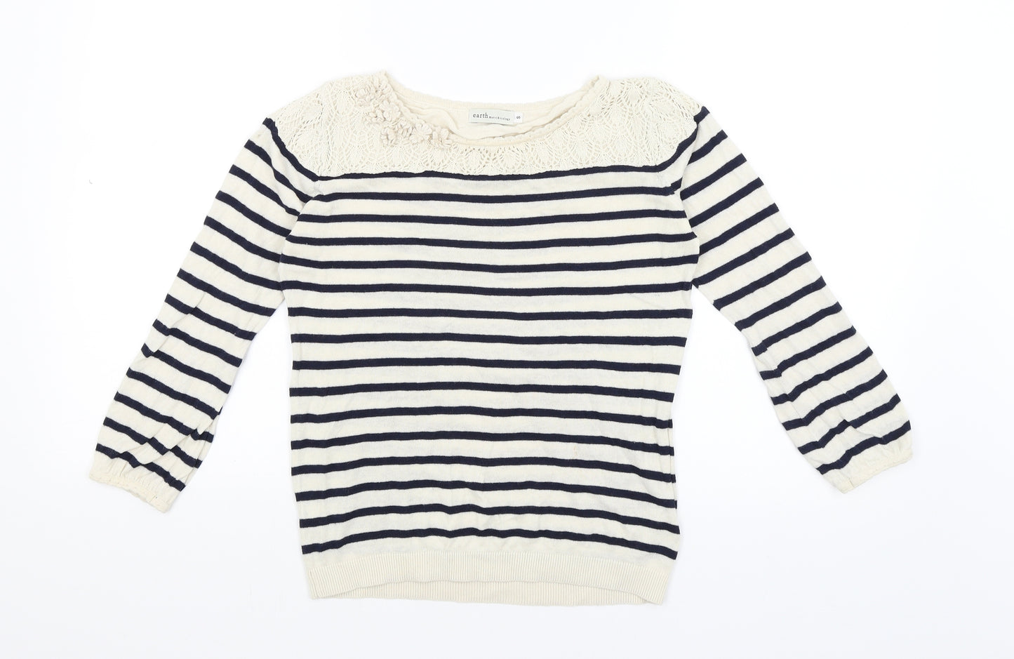 Earth Womens Ivory Striped  Basic T-Shirt Size S