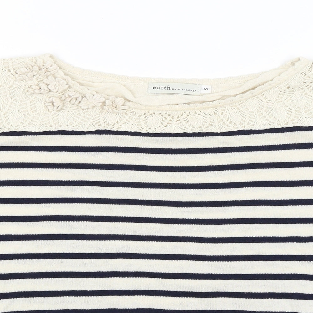 Earth Womens Ivory Striped  Basic T-Shirt Size S