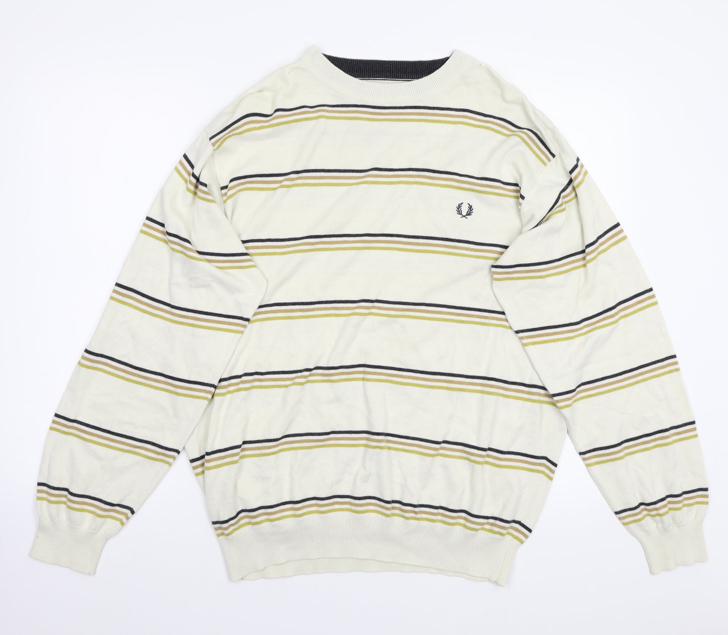 Fred Perry Mens White Striped  Pullover Jumper Size L
