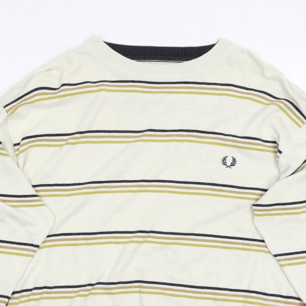 Fred Perry Mens White Striped  Pullover Jumper Size L
