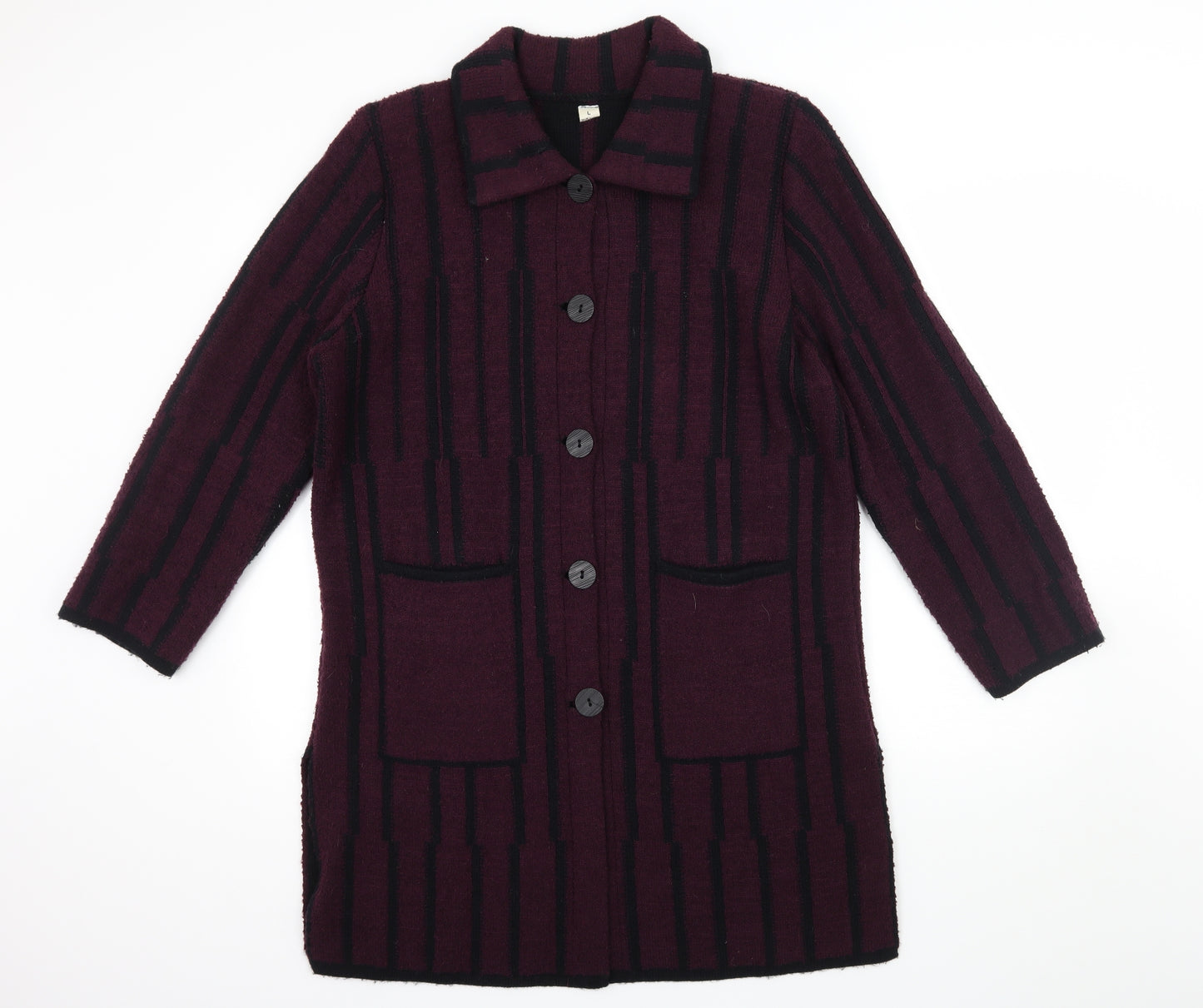 Preworn Womens Purple Striped Fleece Overcoat Coat Size L