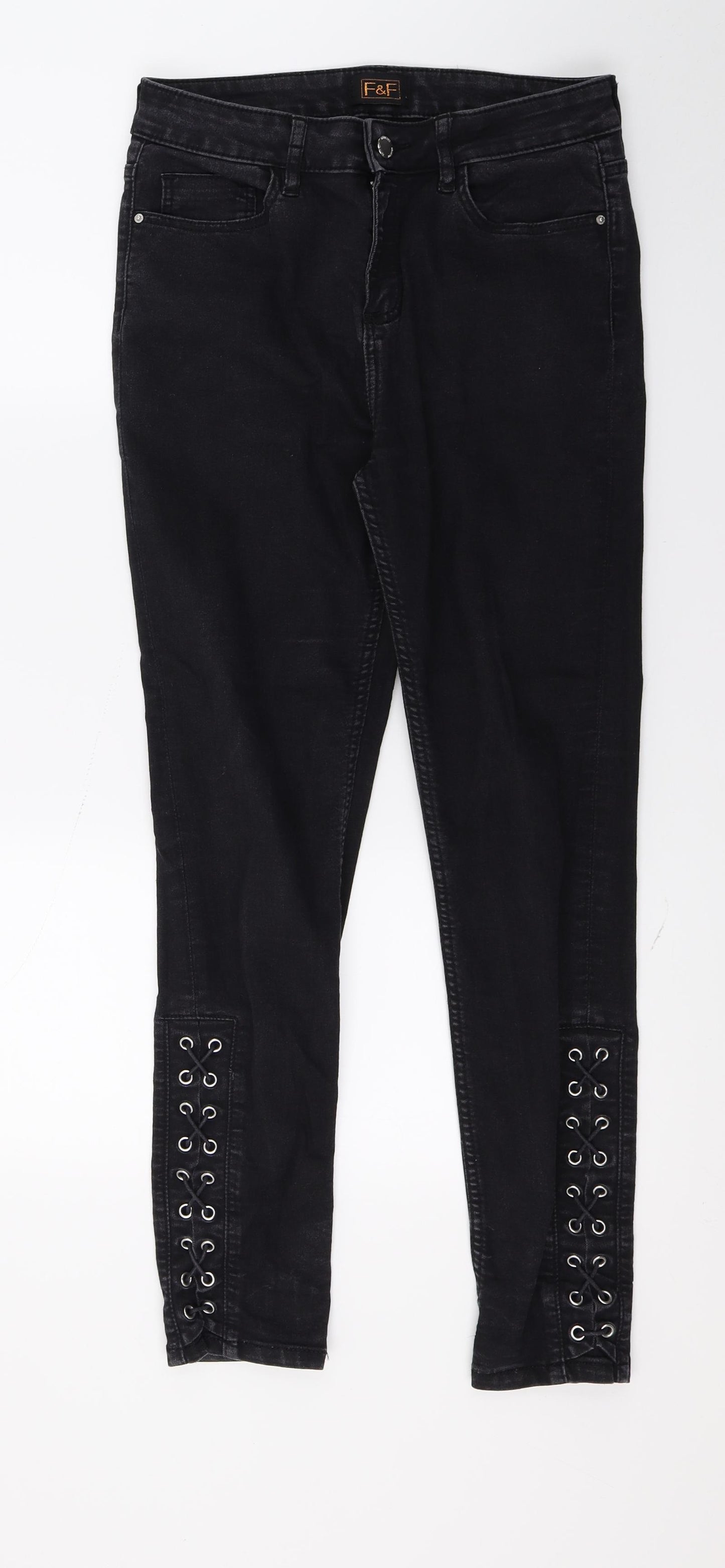 F&F Womens Grey  Denim Skinny Jeans Size 10 L29 in - Lace up detail