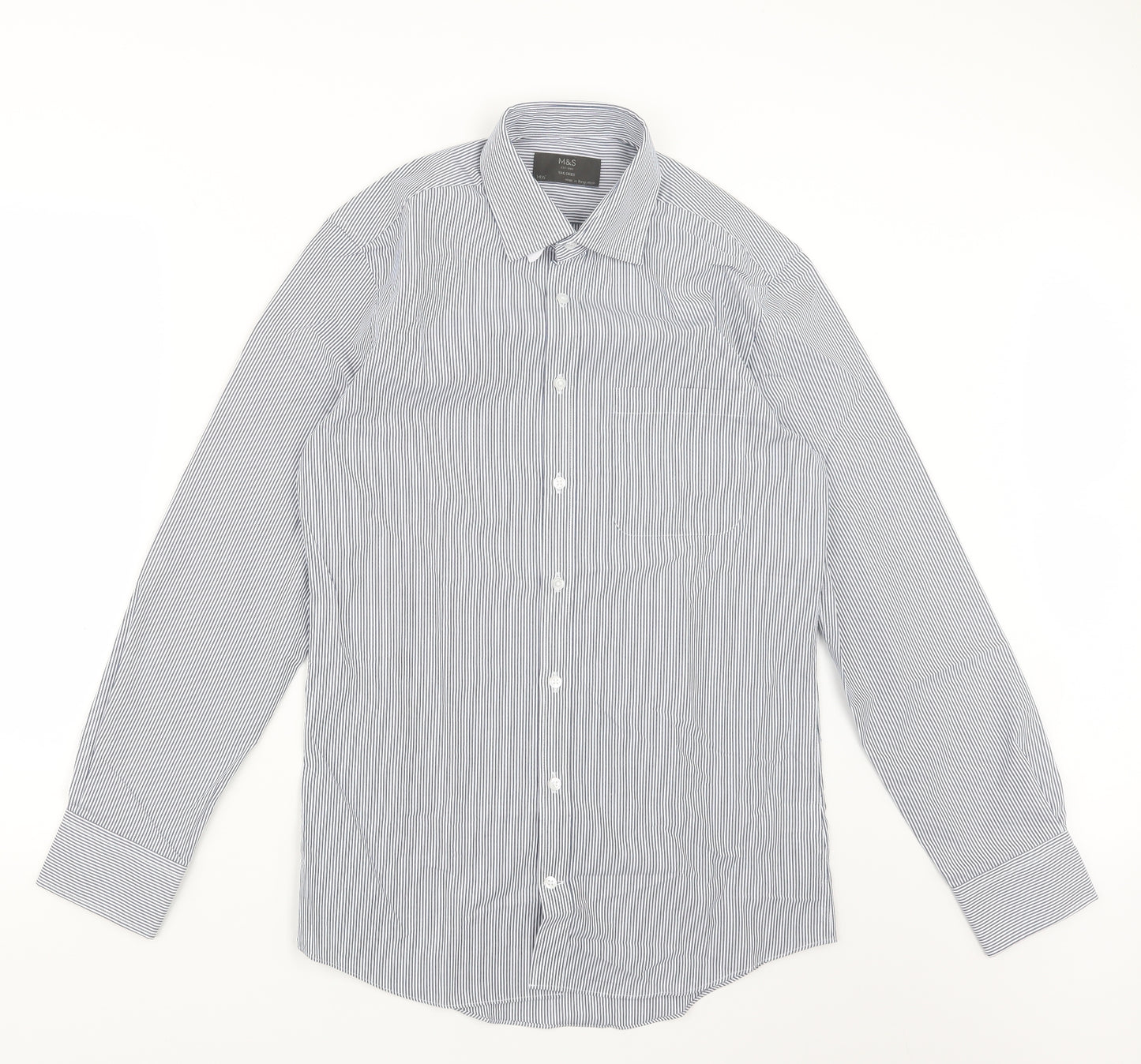 Marks and Spencer Mens Blue Striped   Button-Up Size 14.5
