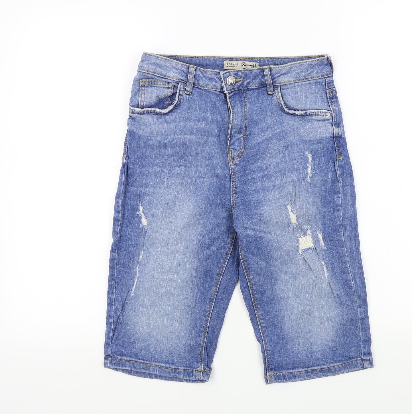 Denim & Co. Womens Blue Colourblock  Bermuda Shorts Size 10 - Ripped details