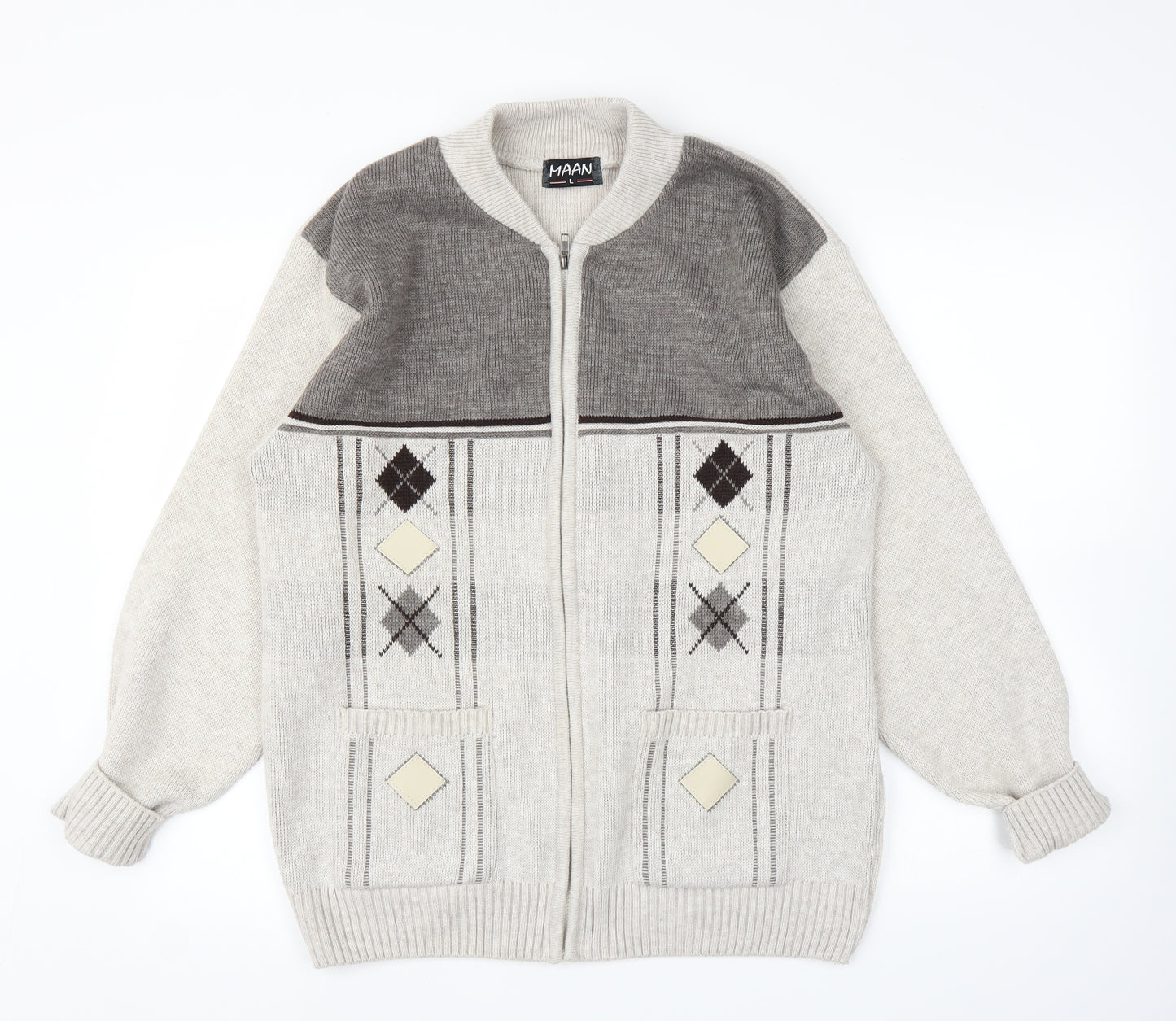 Maan Mens Beige Argyle/Diamond  Full Zip Jumper Size L