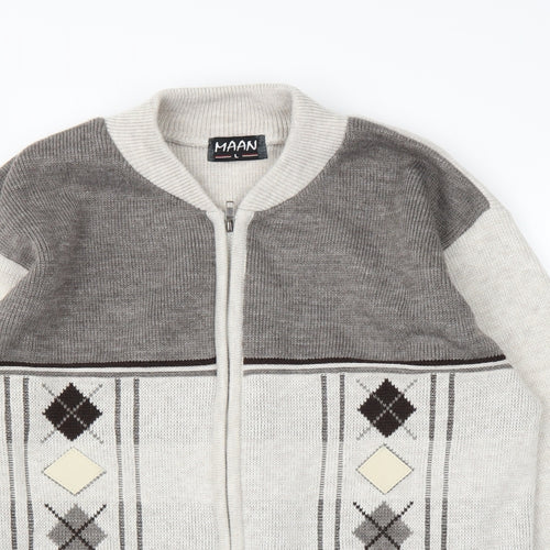 Maan Mens Beige Argyle/Diamond  Full Zip Jumper Size L