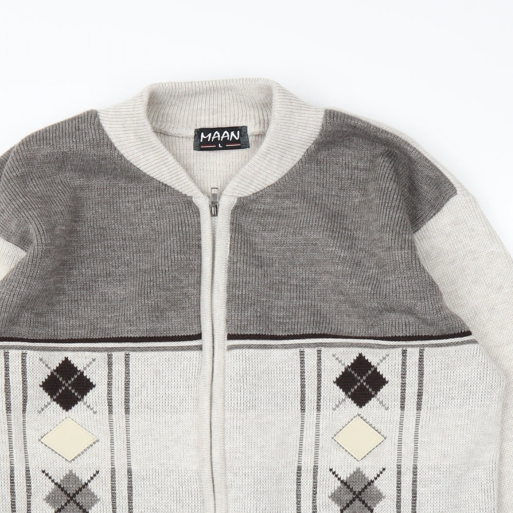 Maan Mens Beige Argyle/Diamond  Full Zip Jumper Size L