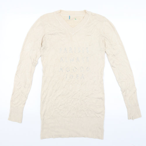 Preworn Womens Beige   Basic T-Shirt Size 8  - Paris is always a good idea