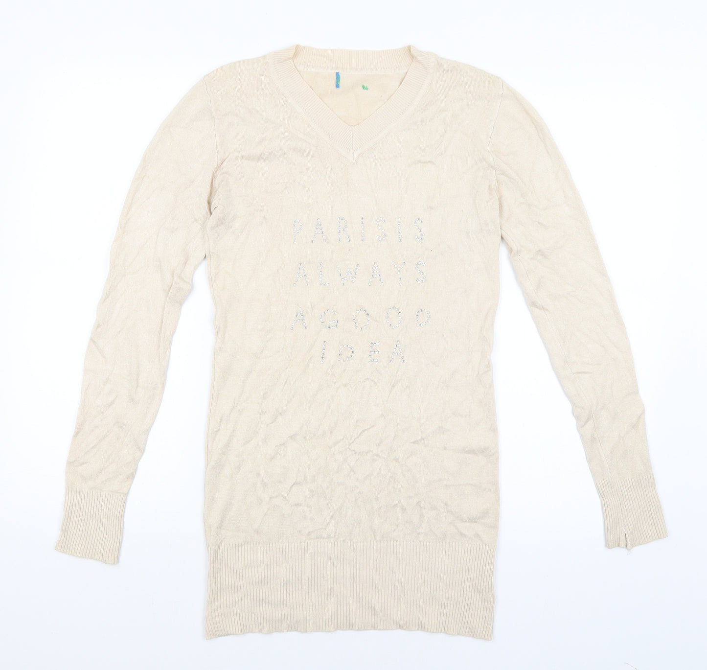 Preworn Womens Beige   Basic T-Shirt Size 8  - Paris is always a good idea