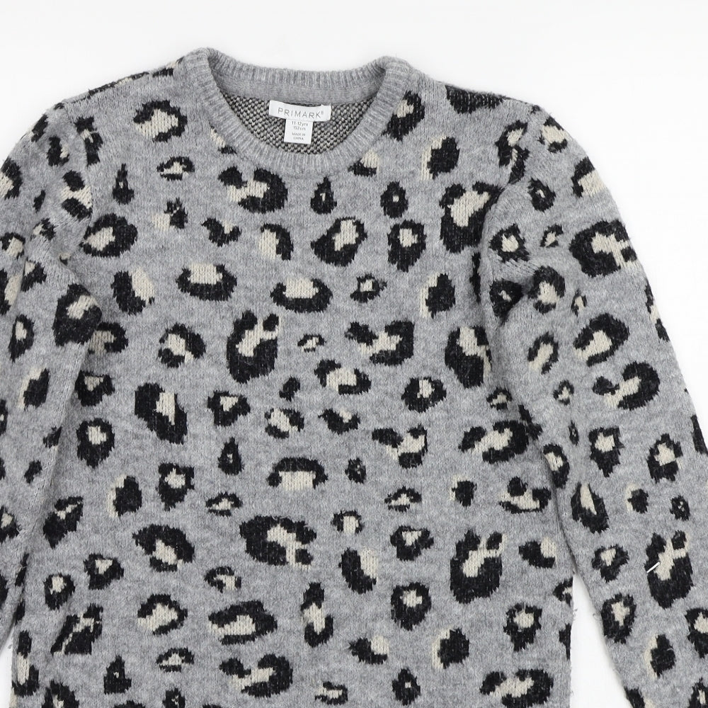 Primark Girls Grey Animal Print  Pullover Jumper Size 12 Years