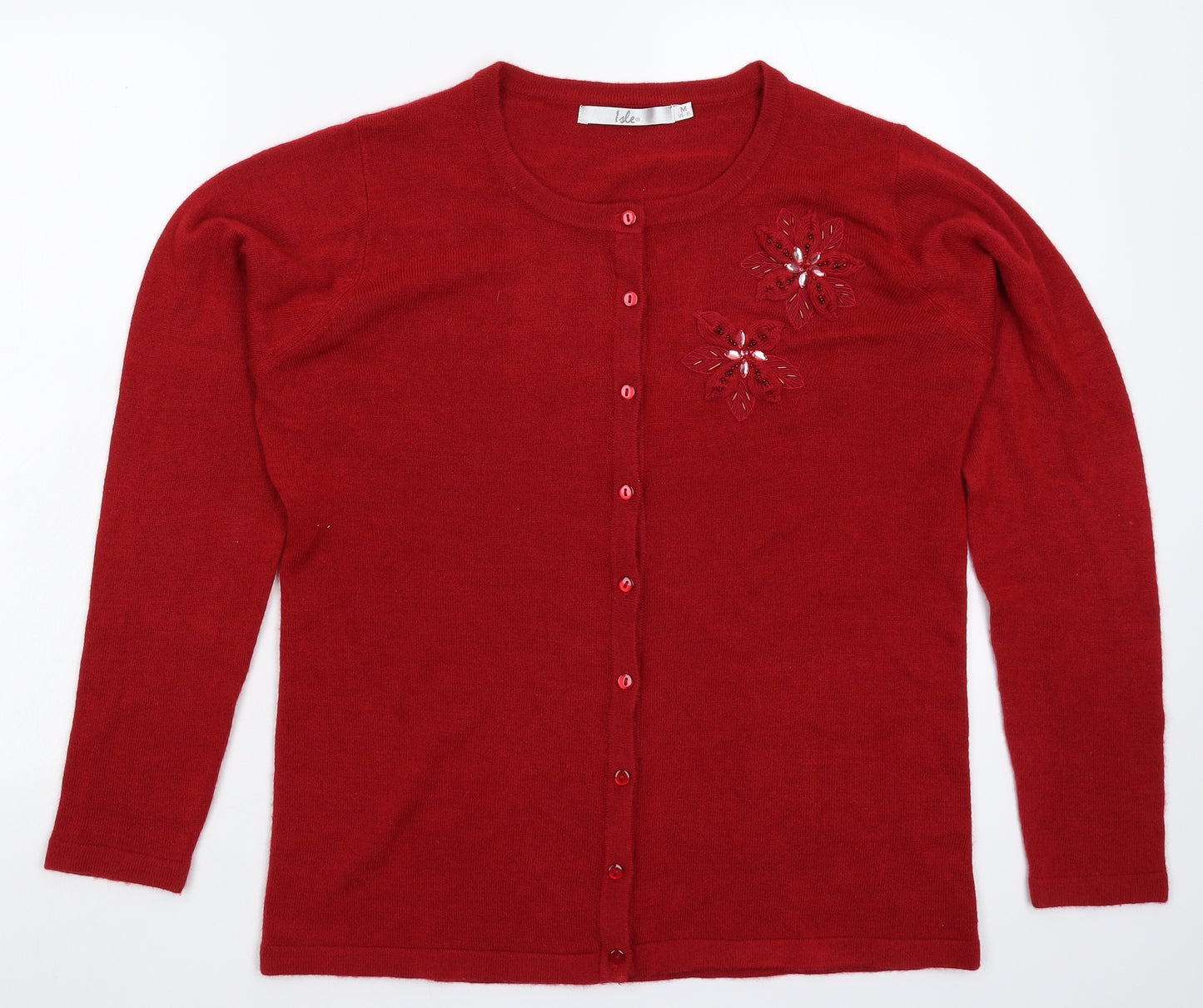 Isle Womens Red Floral Knit Cardigan Jumper Size 16