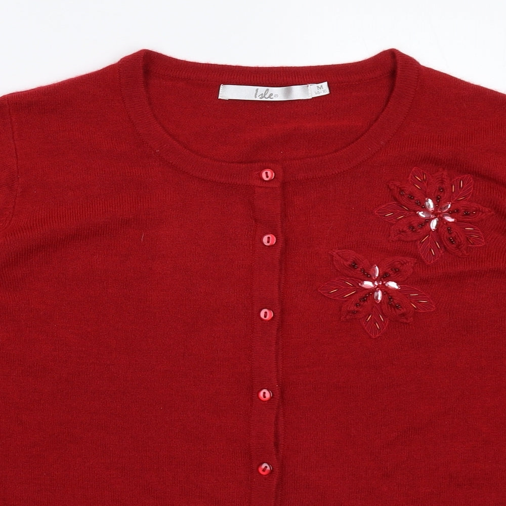 Isle Womens Red Floral Knit Cardigan Jumper Size 16