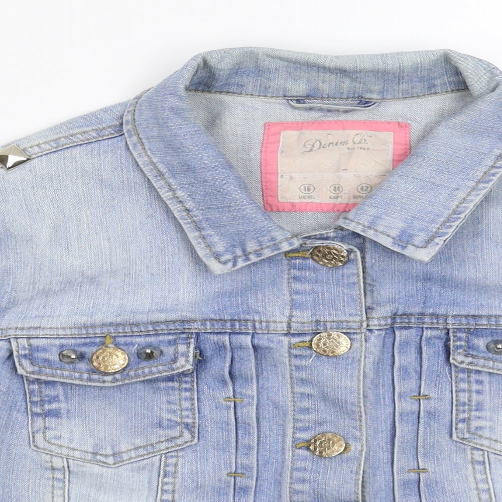 Denim & Co. Womens Blue Floral Denim Jacket  Size 16