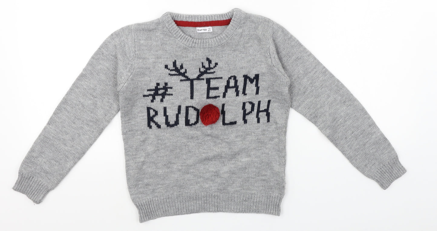 Crafted Boys Grey   Pullover Jumper Size 7-8 Years  - Christmas Jumper, pom pom