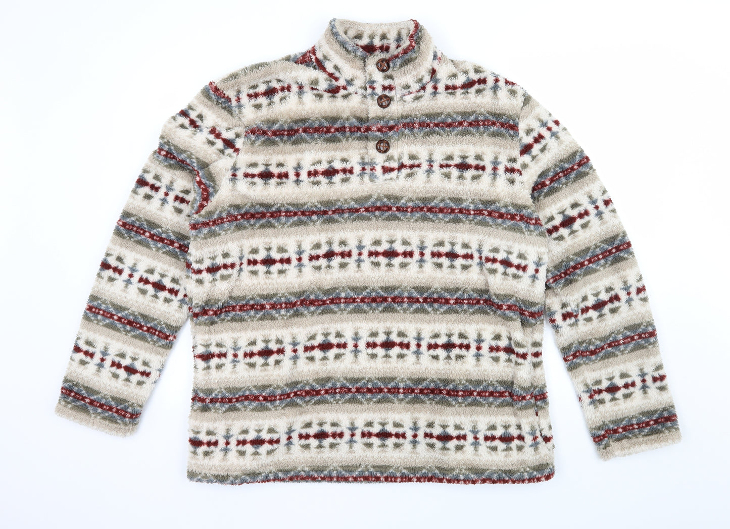 Cotton Mens Beige Fair Isle Fleece Pullover Sweatshirt Size L