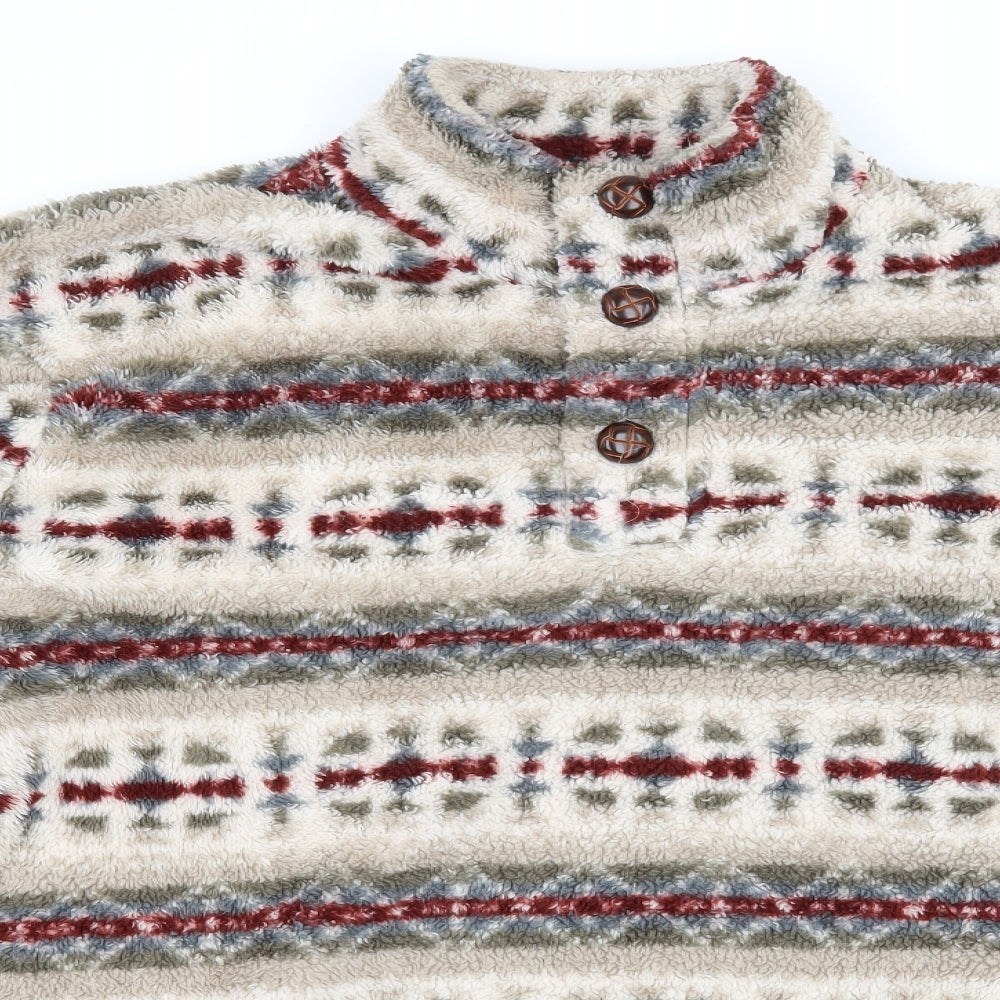 Cotton Mens Beige Fair Isle Fleece Pullover Sweatshirt Size L