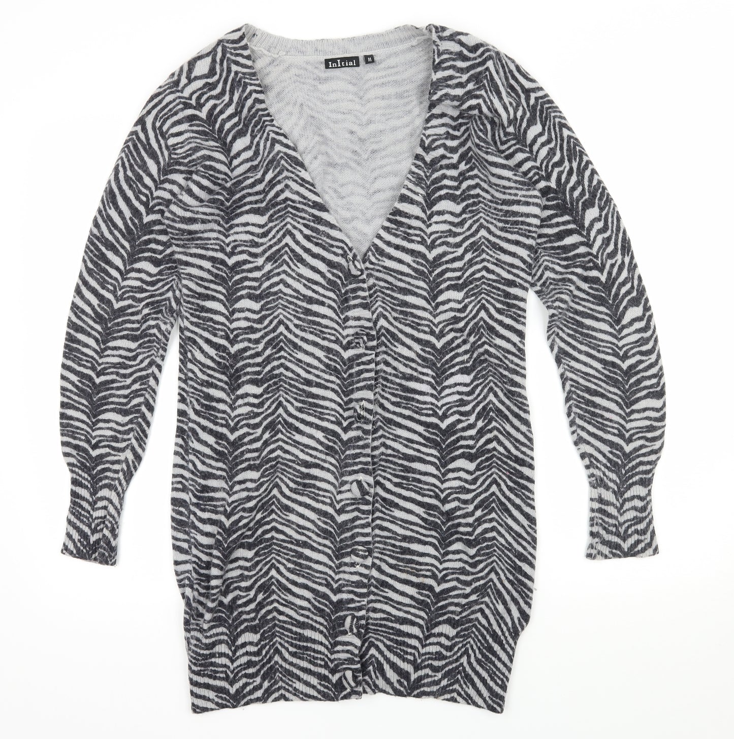 Initial Womens Grey Animal Print Knit Cardigan Jumper Size M