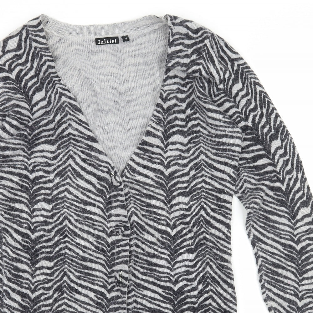 Initial Womens Grey Animal Print Knit Cardigan Jumper Size M