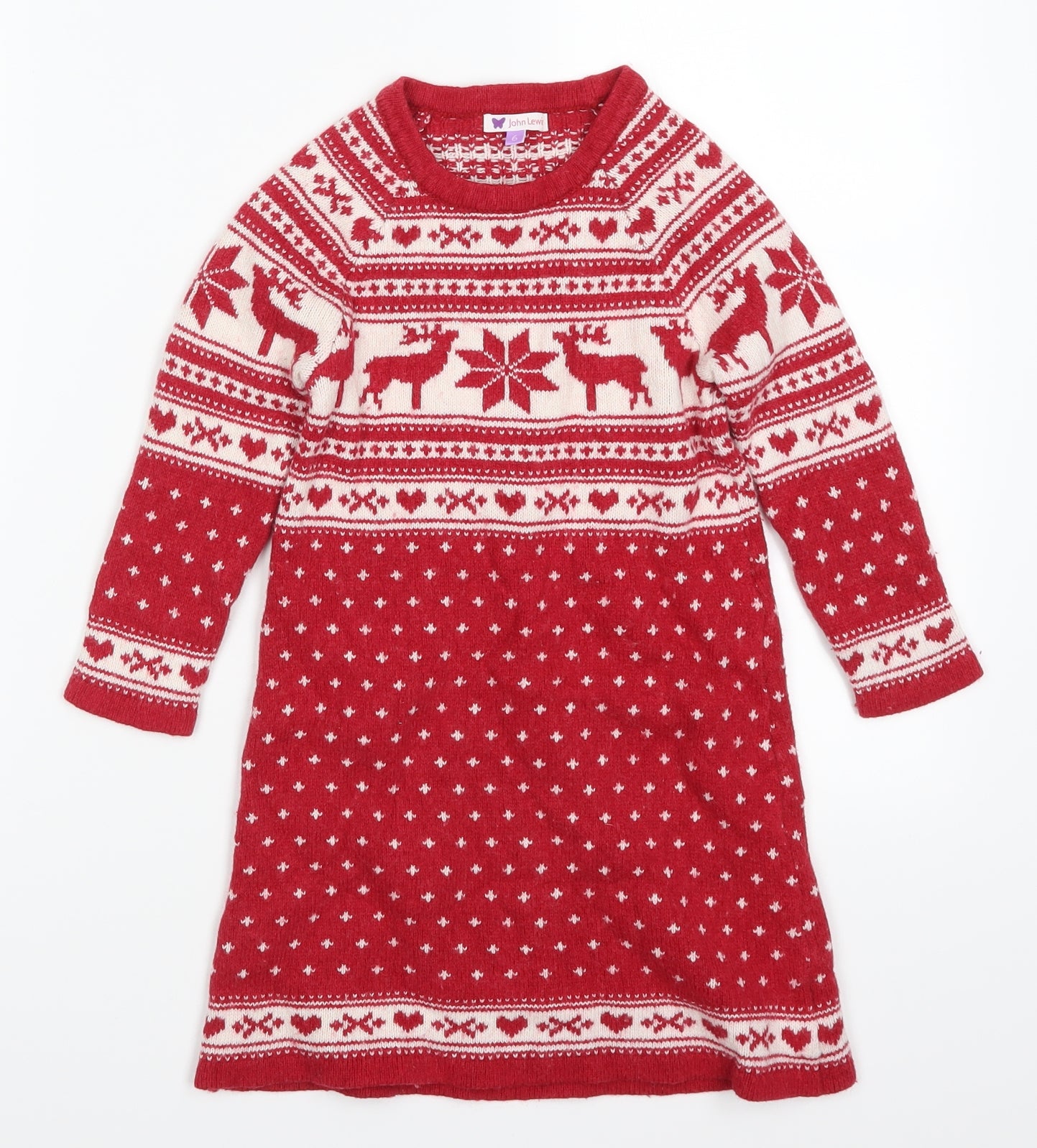 John Lewis Girls Red Fair Isle Knit Jumper Dress  Size 6 Years  - Christmas Prints