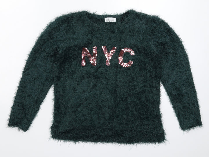 H&M Girls Green  Knit Pullover Jumper Size 9-10 Years