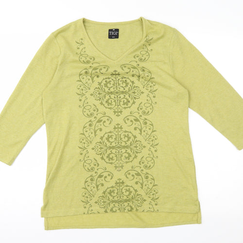 TIGI Womens Green Geometric Knit Basic T-Shirt Size 10