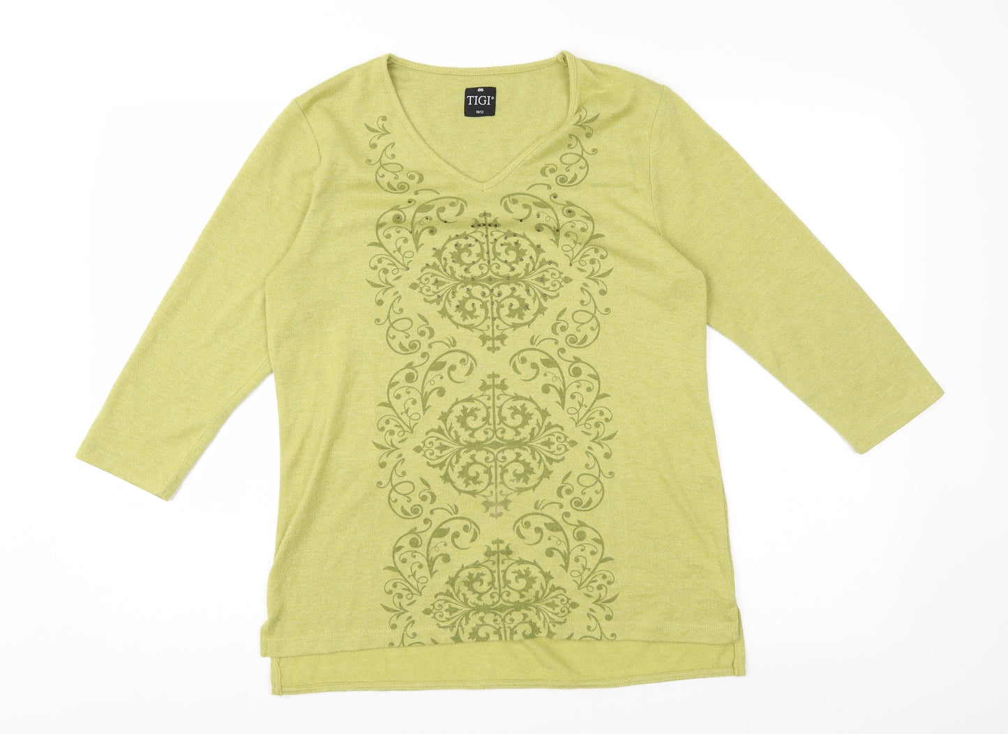 TIGI Womens Green Geometric Knit Basic T-Shirt Size 10