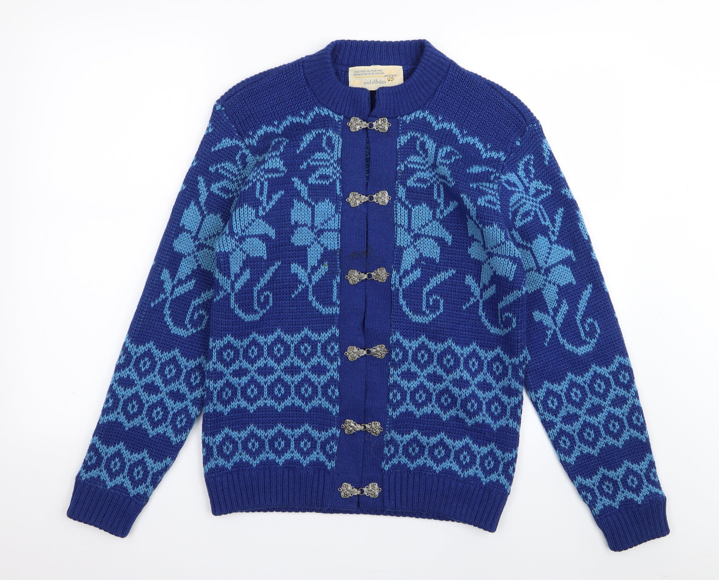 british wool Mens Blue Geometric  Cardigan Jumper Size L