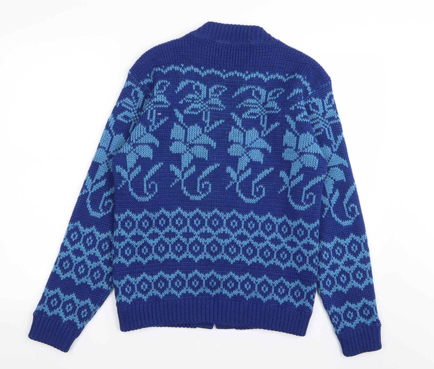 british wool Mens Blue Geometric  Cardigan Jumper Size L