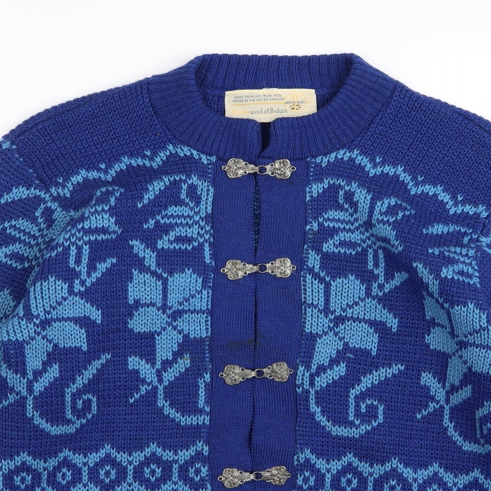 british wool Mens Blue Geometric  Cardigan Jumper Size L
