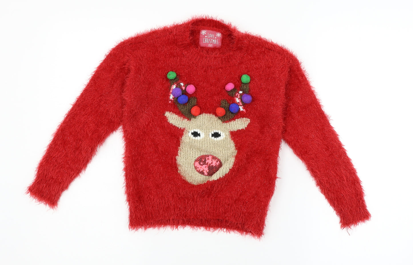 F&F Girls Red   Pullover Jumper Size 7-8 Years  - chrismas jumper, pom pom