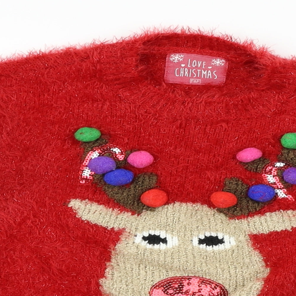 F&F Girls Red   Pullover Jumper Size 7-8 Years  - chrismas jumper, pom pom