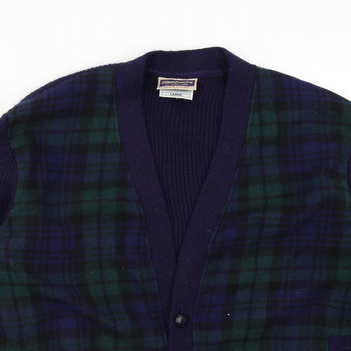 Glenhusky Mens Blue Plaid  Cardigan Jumper Size L