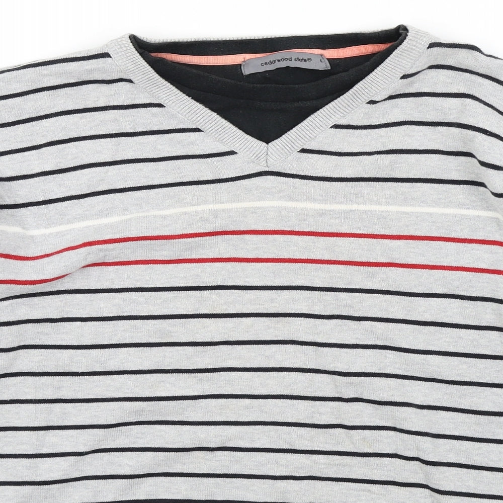 Cedar Wood State Mens Grey Striped  Pullover Jumper Size L
