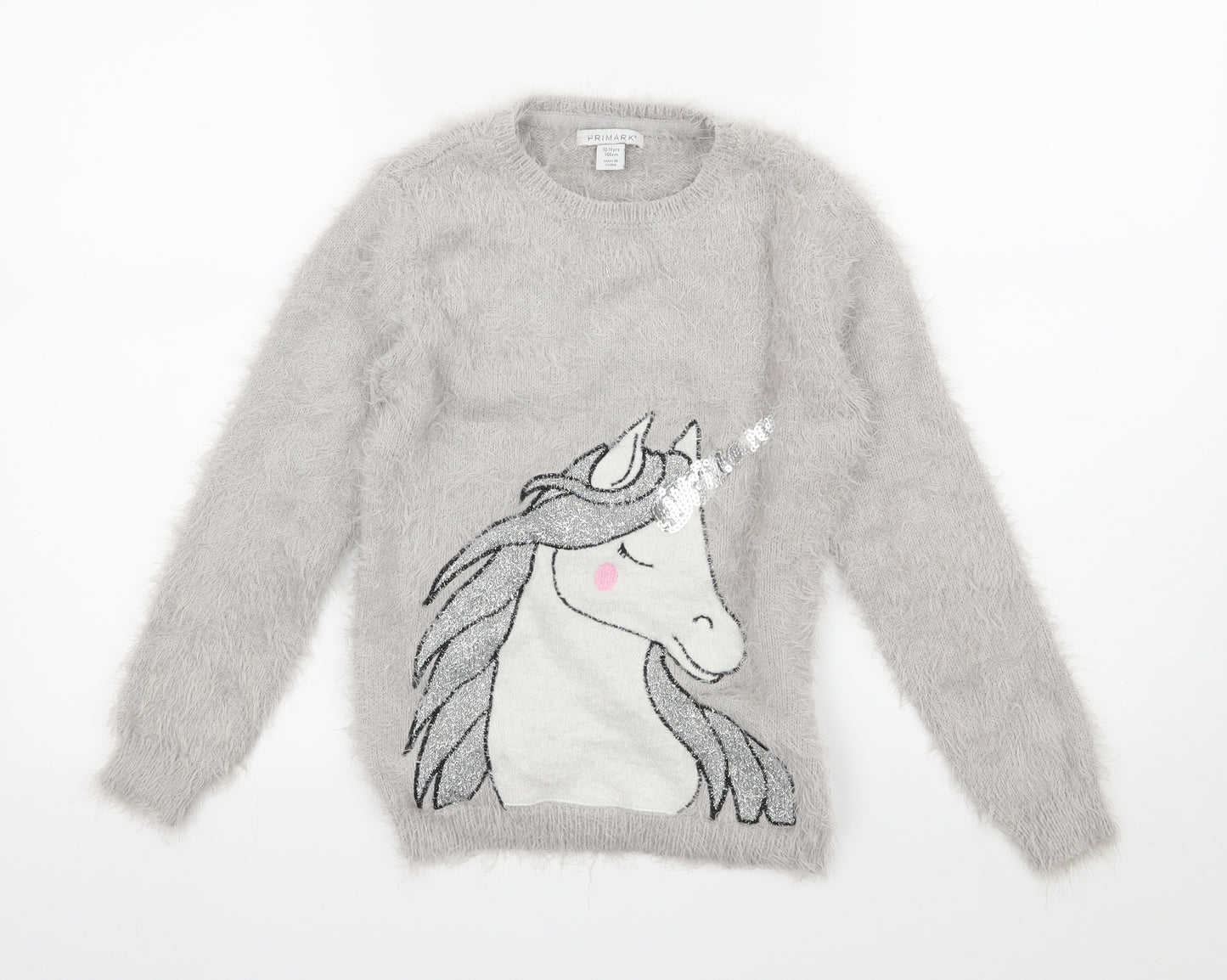Primark Girls Grey  Knit Pullover Jumper Size 10-11 Years  - Unicorn