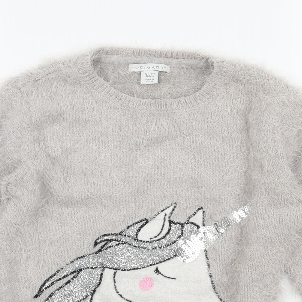 Primark Girls Grey  Knit Pullover Jumper Size 10-11 Years  - Unicorn