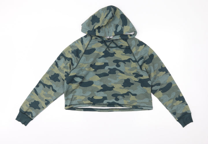H&M Womens Green Camouflage Jersey Pullover Hoodie Size S - Cropped