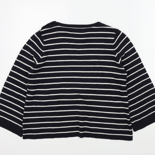 M&S Womens Blue Striped  Pullover Jumper Size 14  - button detail on shoulder