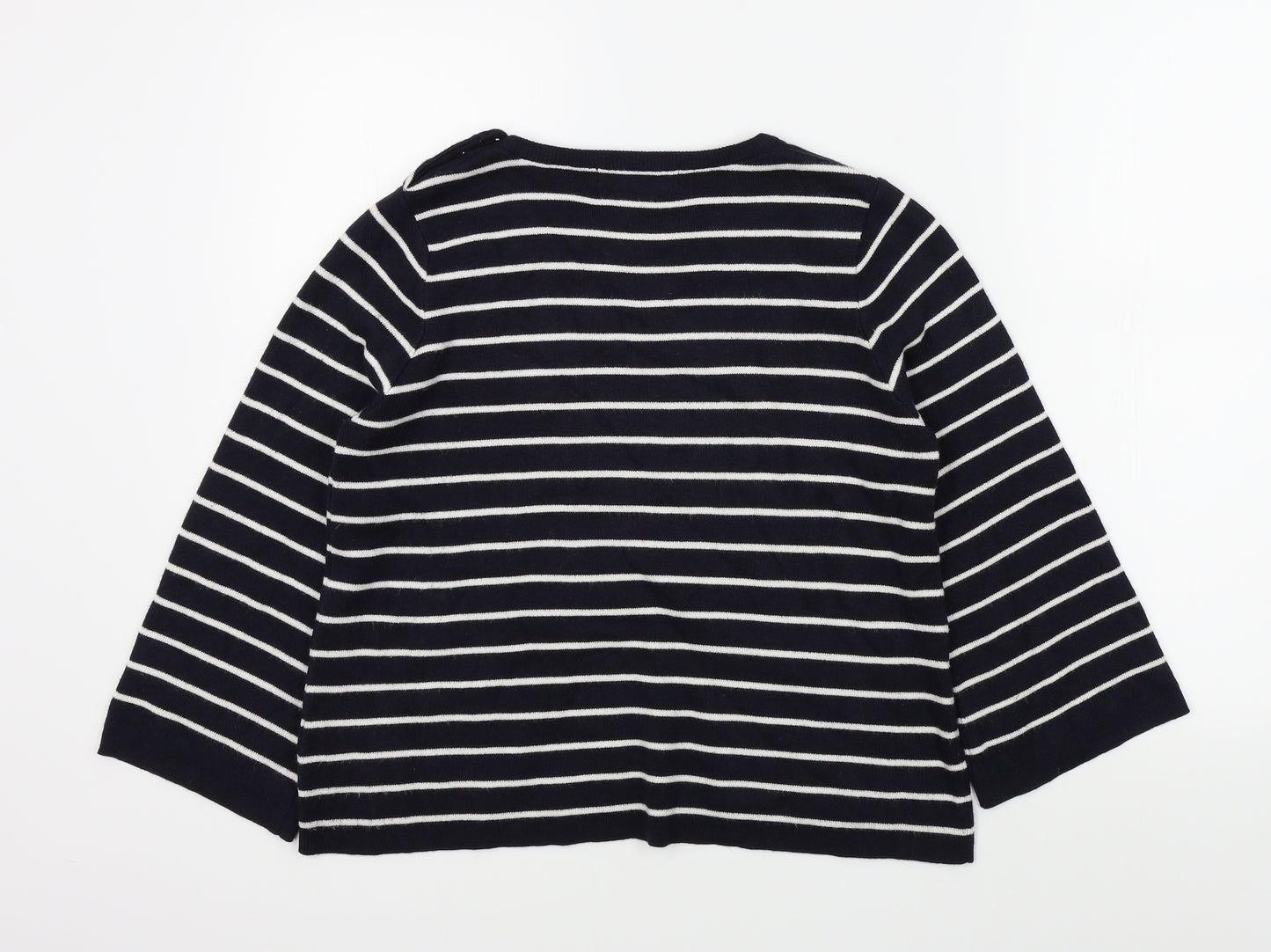 M&S Womens Blue Striped  Pullover Jumper Size 14  - button detail on shoulder