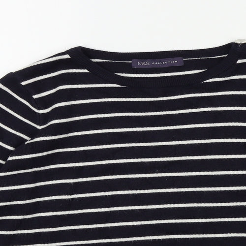 M&S Womens Blue Striped  Pullover Jumper Size 14  - button detail on shoulder