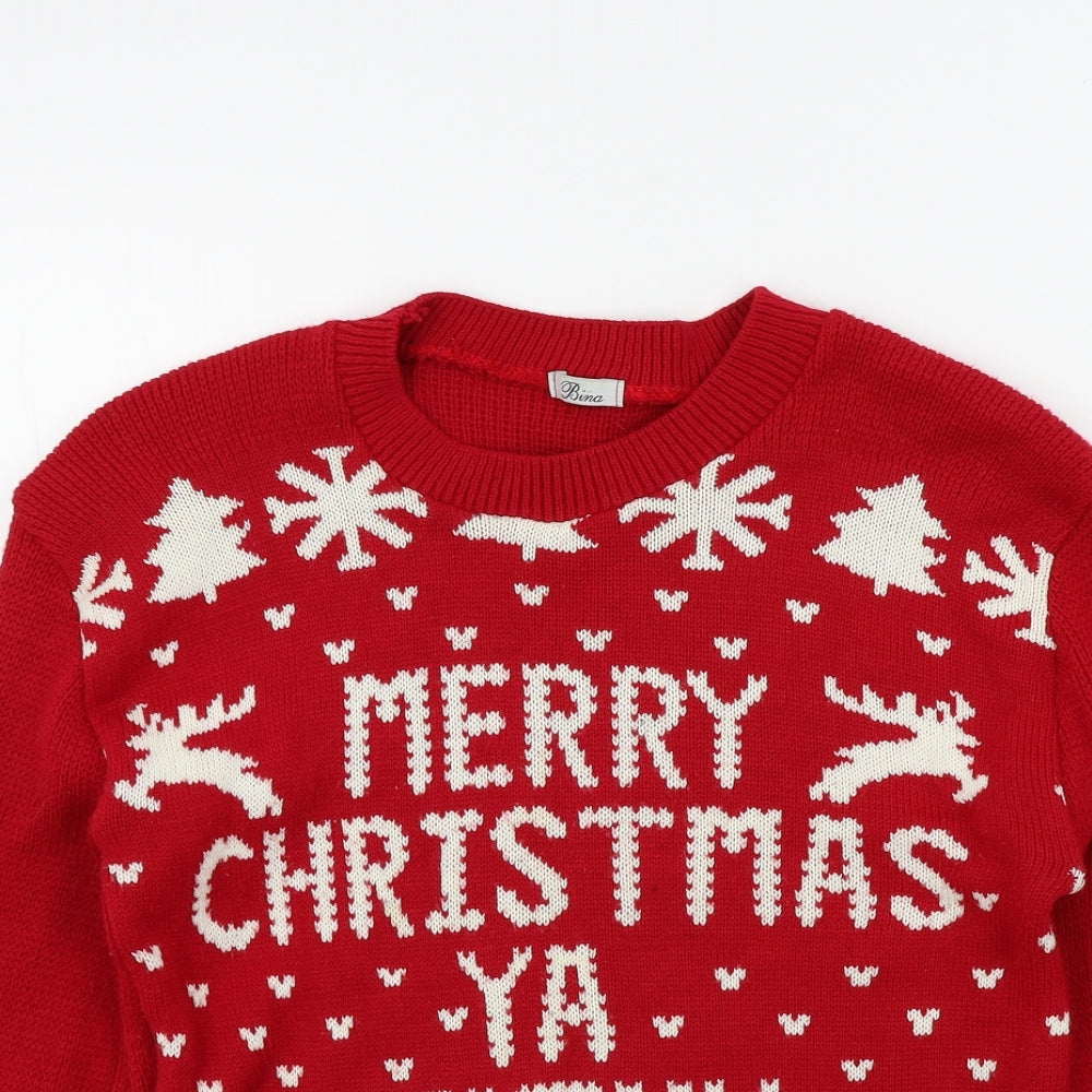 bina Womens Red Geometric  Pullover Jumper Size M  - Christmas jumper