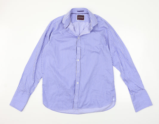 Front view of Sartorio men’s blue striped button-up, size 16.5