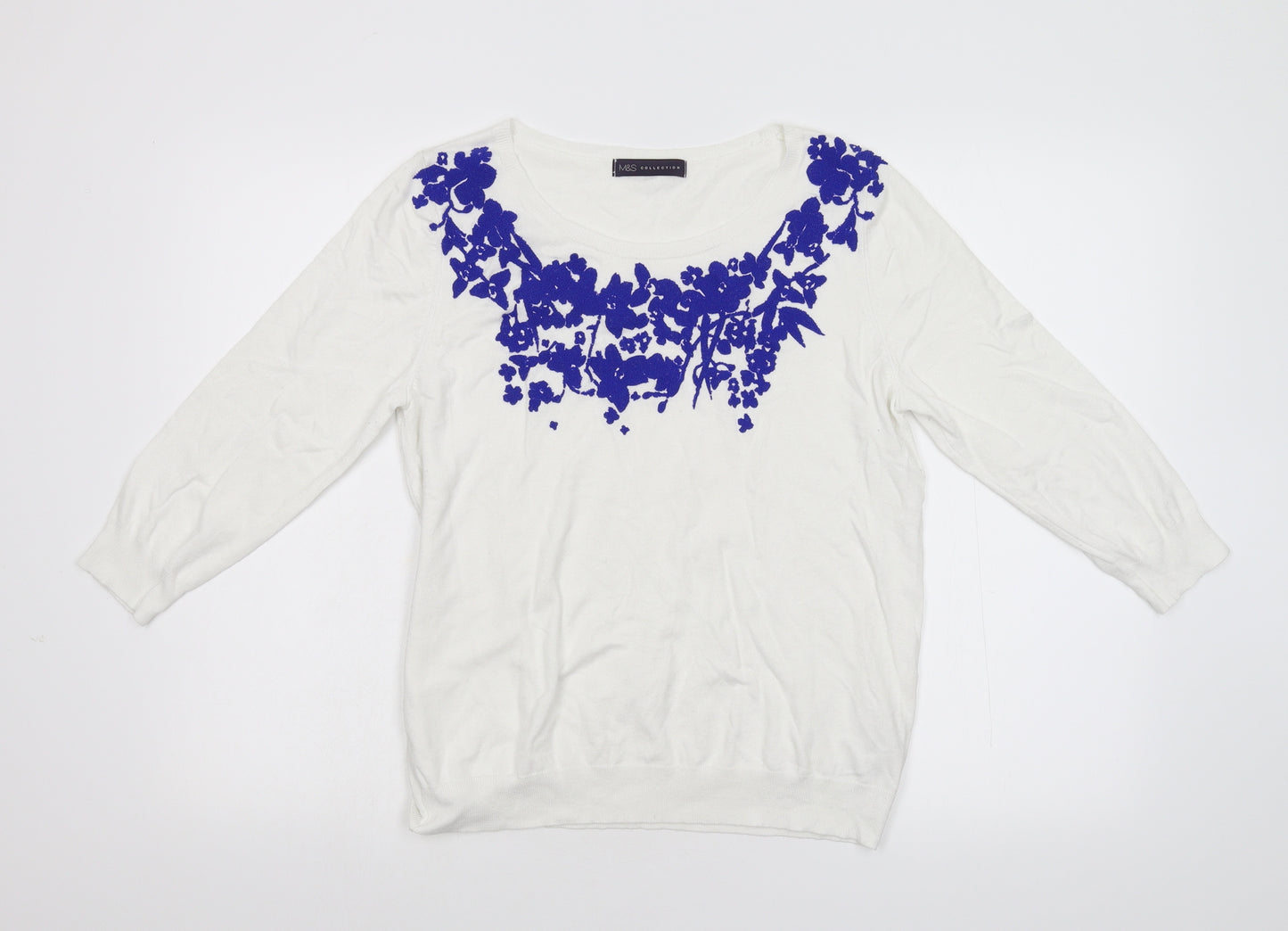 M&S Womens White Floral Knit Pullover Jumper Size 12