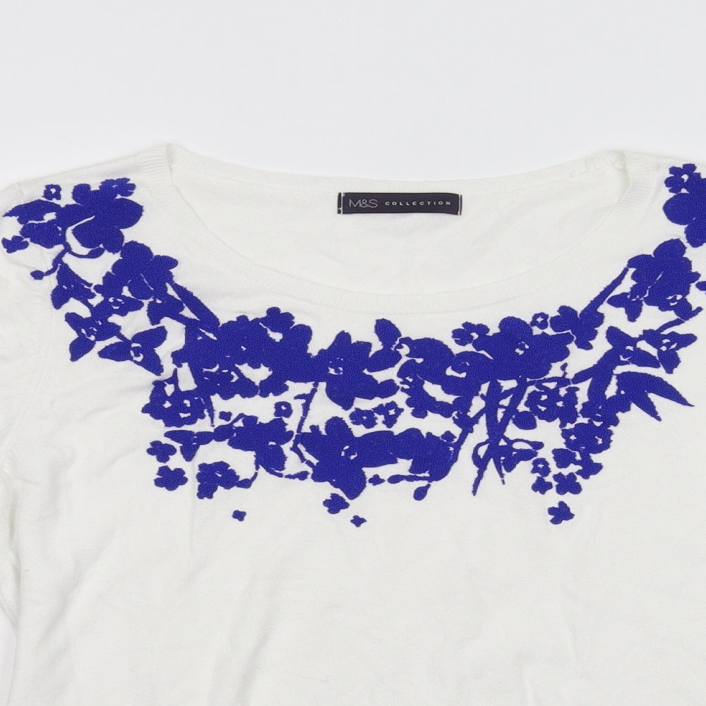 M&S Womens White Floral Knit Pullover Jumper Size 12